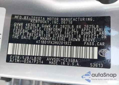 2017 Toyota Camry Hybrid Xle из США, поврежденный, VIN 4T1BD1FK3HU201922